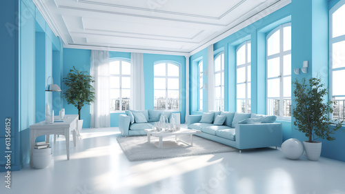 Modern weiss apartment interior panorama 3d render, Bright color. Generative Ai © hassanmim2021