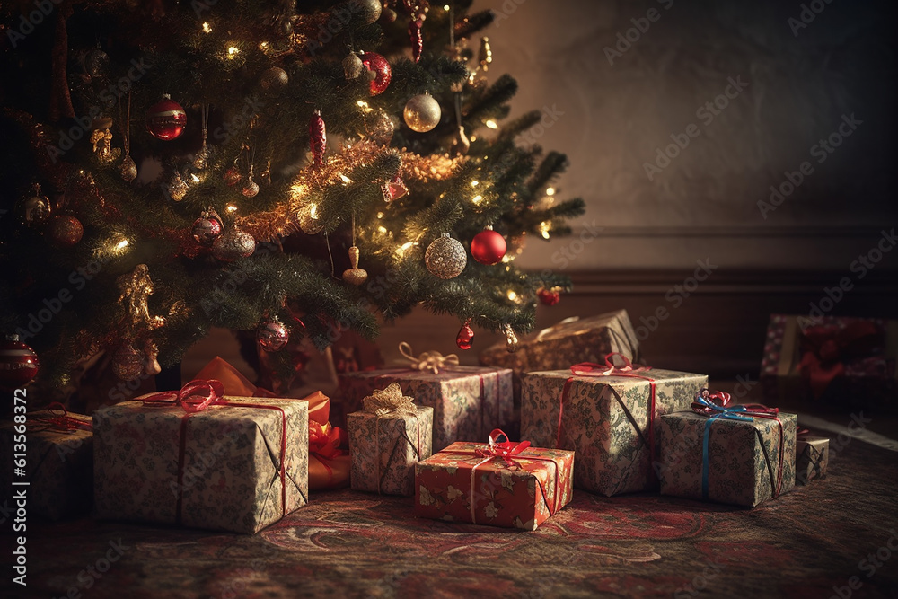Generative AI - A decorated Christmas tree and wrapped gift under it in a dark sitting room, Christmas time