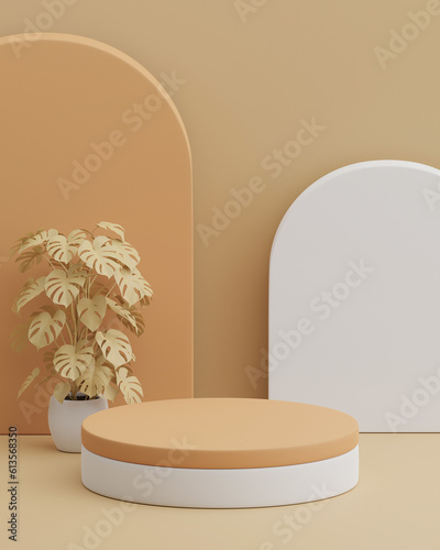 3D minimalist circle podium decorated with monstera trees