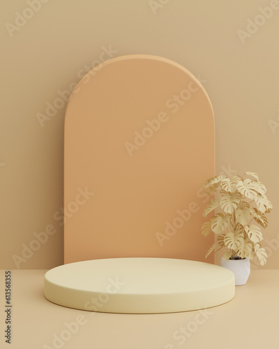 3D minimalist circle podium decorated with monstera trees