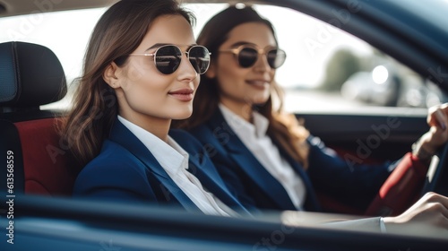 Women with natural facial features in a car in elegant business suit. Generative AI