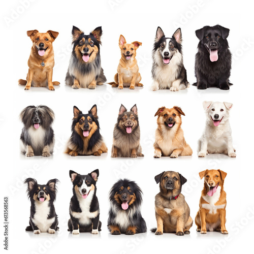 Set of different happy dogs portraits isolated on white background, created with generative AI