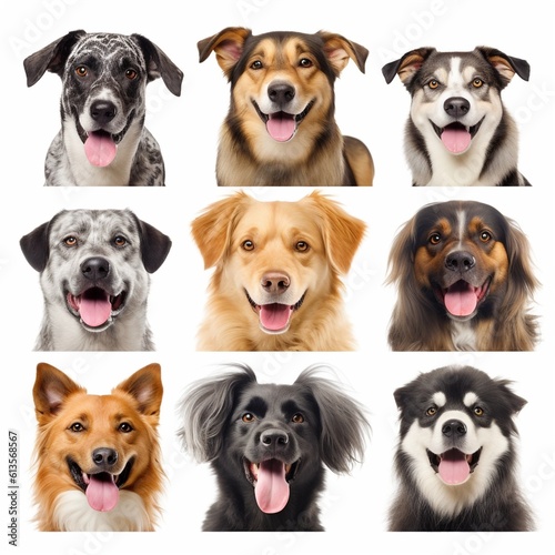 Set of different happy dogs portraits isolated on white background, created with generative AI © MiraCle72