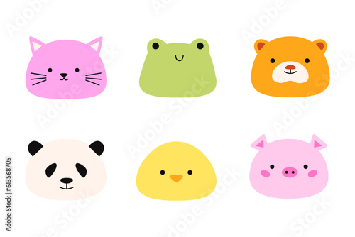 Set cute animal mochi. Cat, frog, bear, panda, duck and pig cartoon characters. Japanese sweets and desserts. Kawaii print. Isolated on white background.
