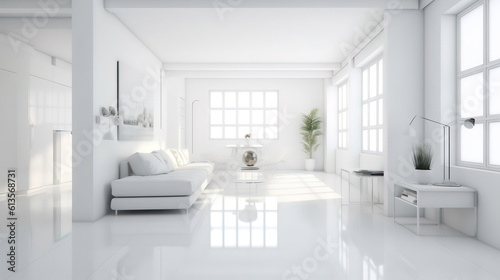 White apartment interior panorama 3d rendering, Bright color. Generative Ai © hassanmim2021