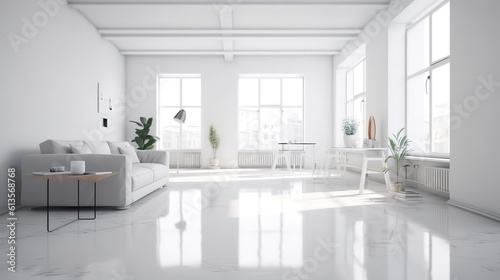 White apartment interior panorama 3d rendering  Bright color. Generative Ai