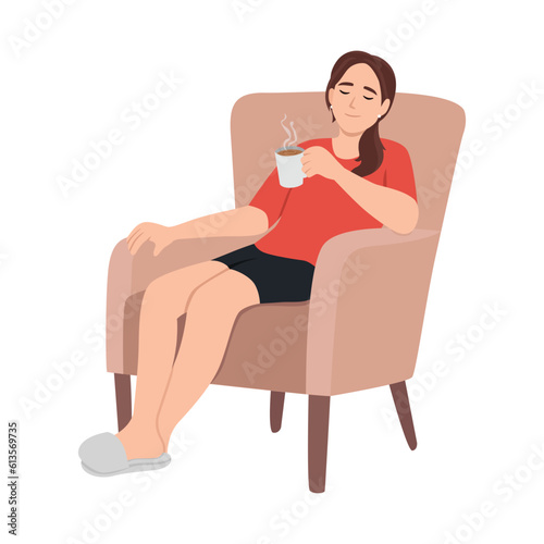 Woman relaxing at home and getting coffee break concept. Flat vector illustration isolated on white background