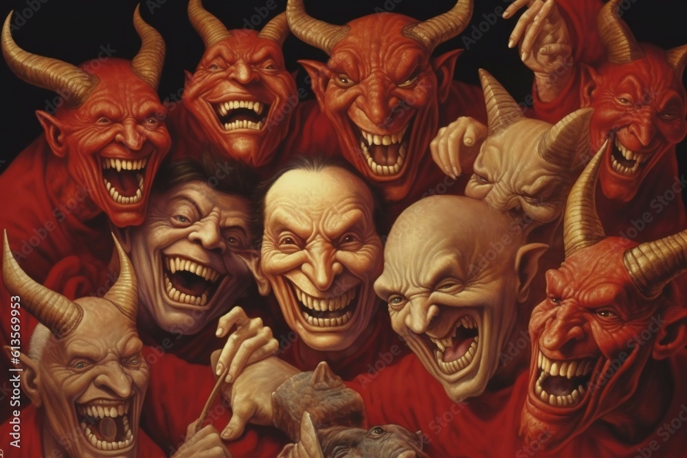Bunch of greedy evil politics with devil like eyes and horns laughing Generative AI