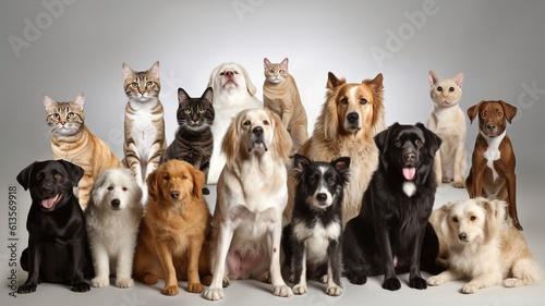 Numerous dogs and cats are observing the camera. The Generative AI