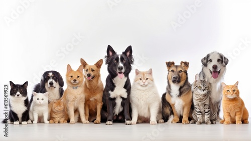 Numerous dogs and cats are observing the camera. The Generative AI