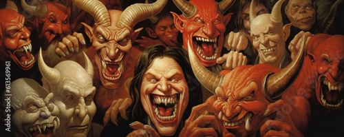 Fotografia Bunch of greedy evil politics with devil like eyes and horns laughing Generative