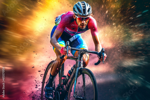 Cyclist racing against on bright background. Bold and vibrant colors to create a dynamic and action-packed fantasy-style image. Generative Ai content.