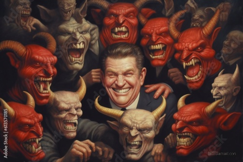 Fototapet Bunch of greedy evil politics with devil like eyes and horns laughing Generative