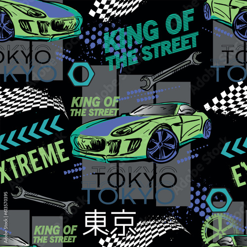 Abstract seamless pattern with sport cars .Bright background with grunge elements for textiles, children's clothes, prints. Pattern for boys