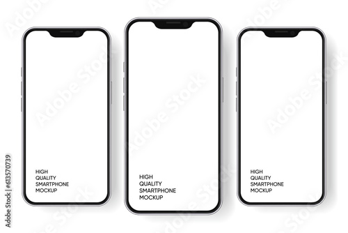 3D realistic high quality smartphone mockup with isolated background. Smart phone mockup collection. Device front view. 3D mobile phone with shadow on white background.
