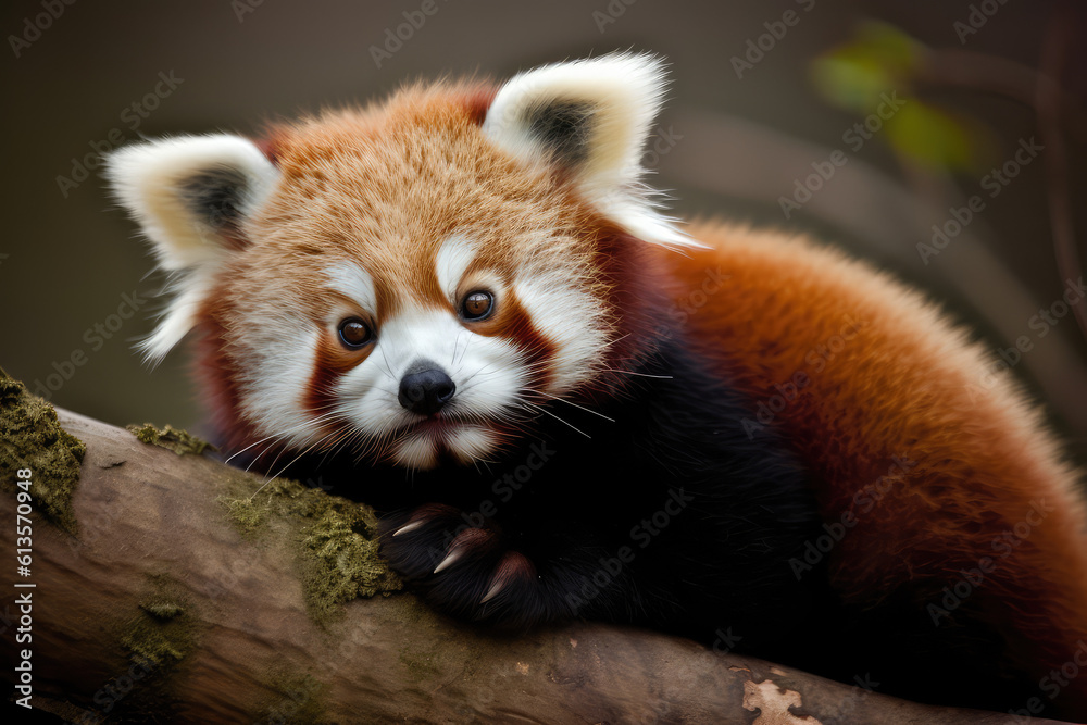 Fototapeta premium Cute red panda face portrait close-up. Wild fluffy red panda on a tree in wild nature. A rare animal. Generative AI professional photo imitation.