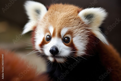 Cute red panda face portrait close up. Wild fluffy red panda in wild nature. A rare animal. Generative AI professional photo imitation.