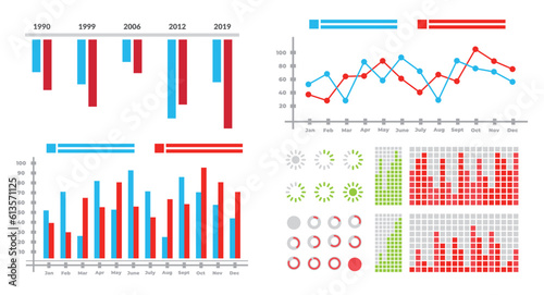 Infographic elements with statistics graphs and finance charts. Information panel with finance graphs, comparison diagrams. 