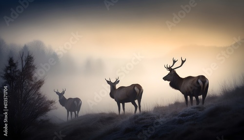Rothirsch und zwei Hirschkühe auf herbstlichen Wiese mit Nebel (KI-/AI-generiert) © Roman