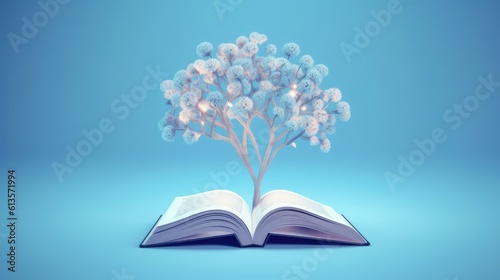 an open book from which the tree of knowledge grows, the concept of the development of the education system, Generative AI. © AndErsoN