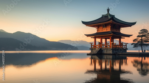 Japanese temple on lake. Asia travel. generative ai