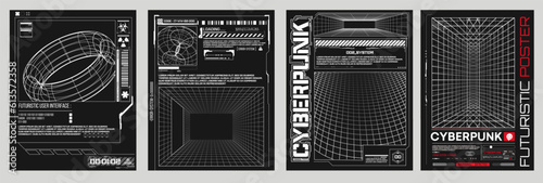 Modern y2k design background cover. Retro futuristic design elements, perspective grid graphic with lines, wireframes, futuristic shape. Black and white retro  hud cyberpunk style. Vector illustration