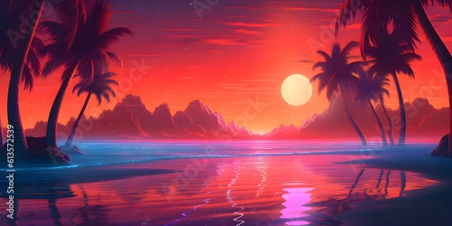 Beautiful tropical beach landscape with palm trees and a mountain range in the background. 80s Retrowave themed background