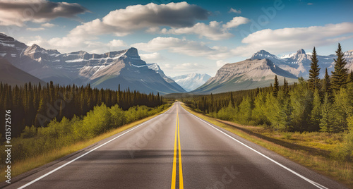 Scenic landscape with David Thompson Highway and mountains of Canadian Rockies, Generative AI