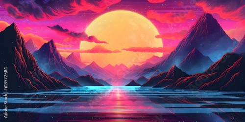 Beautiful mountain range landscape with a sunset. 80s Retrowave themed background