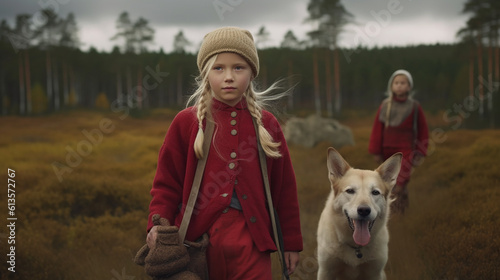two young girls in red coats walks in the woods with a dog created with Generative AI technology
 photo