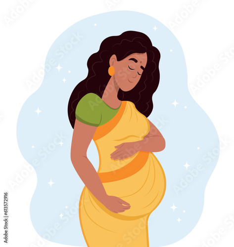 Happy pregnant Indian woman hugging her belly with her hands. Motherhood. Vector illustration in cute cartoon style