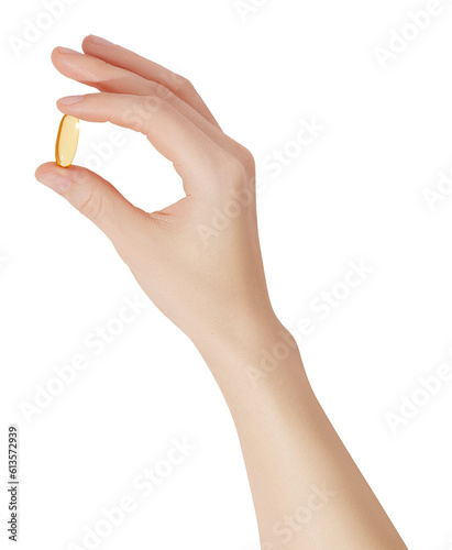 Fényképezés Hand holding the supplements (omega 3, vitamins) on transparent background
