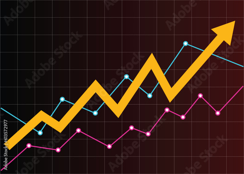 yellow arrow pointing up represents financial profit symbol chart followed by two graphic lines
