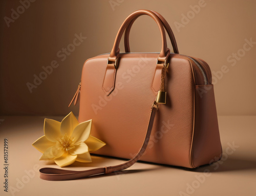 a brown leather bag with flower 