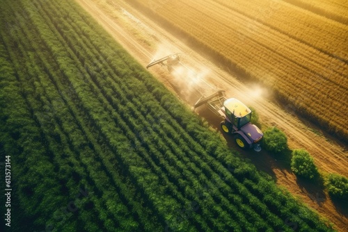 Aerial view of farming tractor plowing and spraying on field, AI Generative