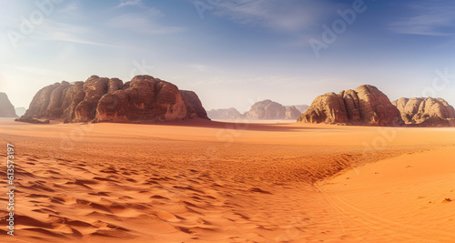 Panoramic view to red sand desert with mountains rocks. Generative AI
