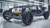 In a high-tech industrial machinery design lab, a prototype electric car platform chassis is standing. a battery and an engine.Generative AI