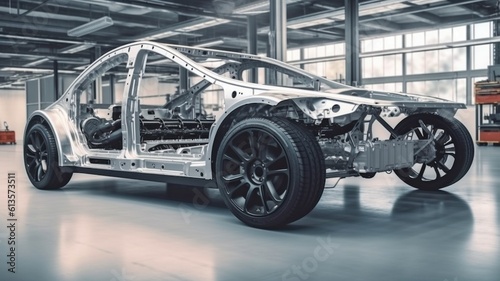 In a high-tech industrial machinery design lab, a prototype electric car platform chassis is standing. a battery and an engine.Generative AI photo