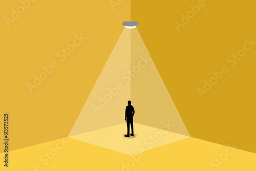 Business recruitment or hiring vector concept. Looking for talent. Business man standing in spotlight or searchlight looking for new career opportunities. Eps10 vector illustration