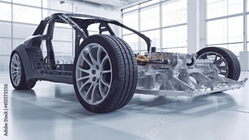 In a high-tech industrial machinery design lab, a prototype electric car platform chassis is standing. a battery and an engine.Generative AI