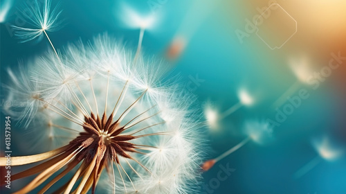 Dandelion seeds close up blowing in blue turquoise background, Generative AI