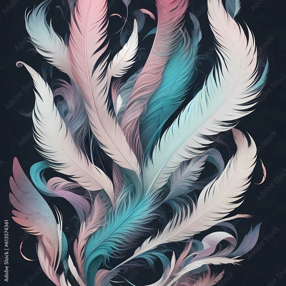 Fototapeta premium Colourful Feathers in a Soft and Stylish Illustration: Design with Green, Pink, Blue, and White Hues