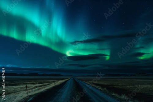 a path leads through a field, beautiful luminous night sky created with Generative AI technology