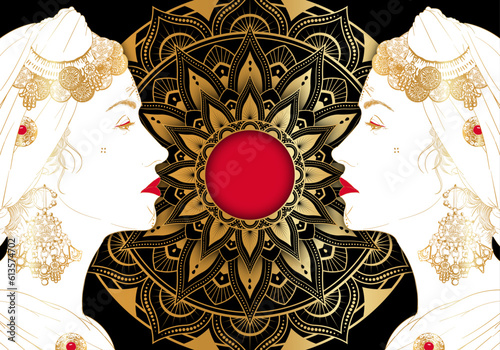 Arabic woman face Mosaic and Mandala vector illustration. Black, Gold and Red colors