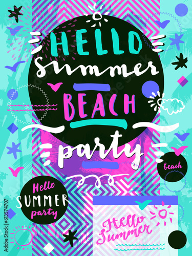 Hello Summer Beach Party. Geometric background with palm trees.