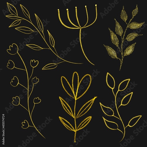  Gold Vintage Leaves And Floral Line Art, Holiday Bokeh Background