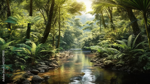 A lush forest in Fiji  with a serene river flowing through it. Generative AI