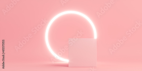 Bild auf Leinwand Product Podium - Square Pink Podium, Pink Background With Ambient Lighting