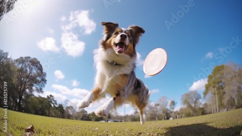 Wide angle shot of an Australian shepherd-collie playing and retrieving a frisbee while jumping high in the air.Generative AI.