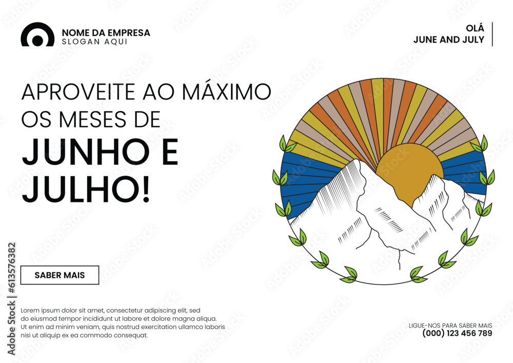 Olá Banner de junho de julho com pôr do sol e ilustração vetorial de montanhas